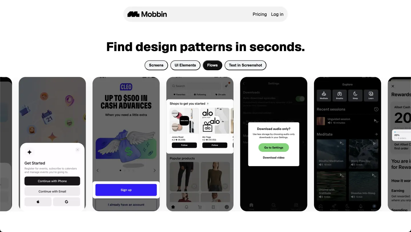 Mobbin clone landing page with animated app screens